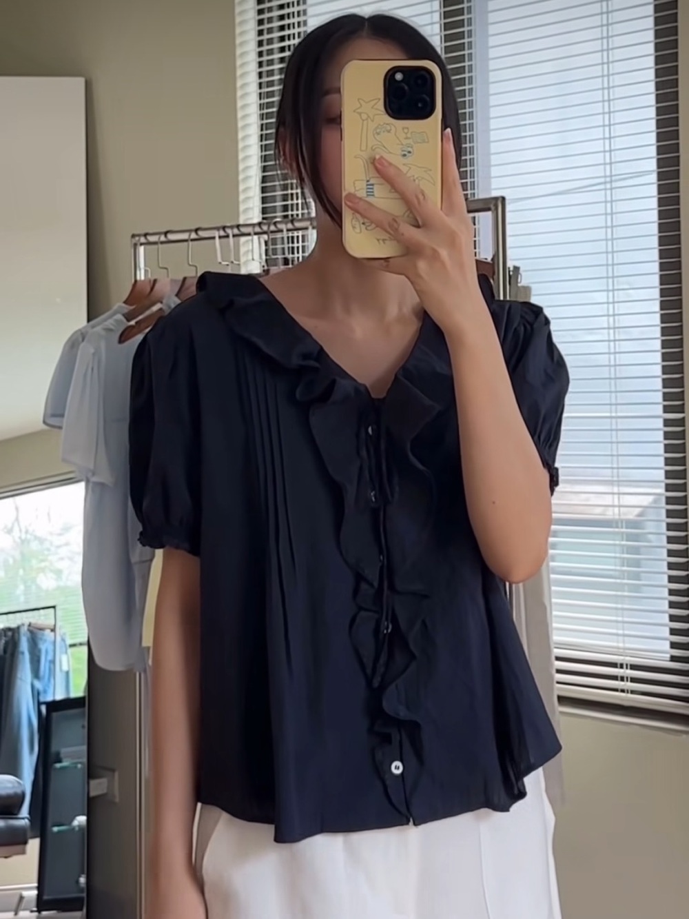 Navy Ruffle Front Short Sleeve cotton Blouse